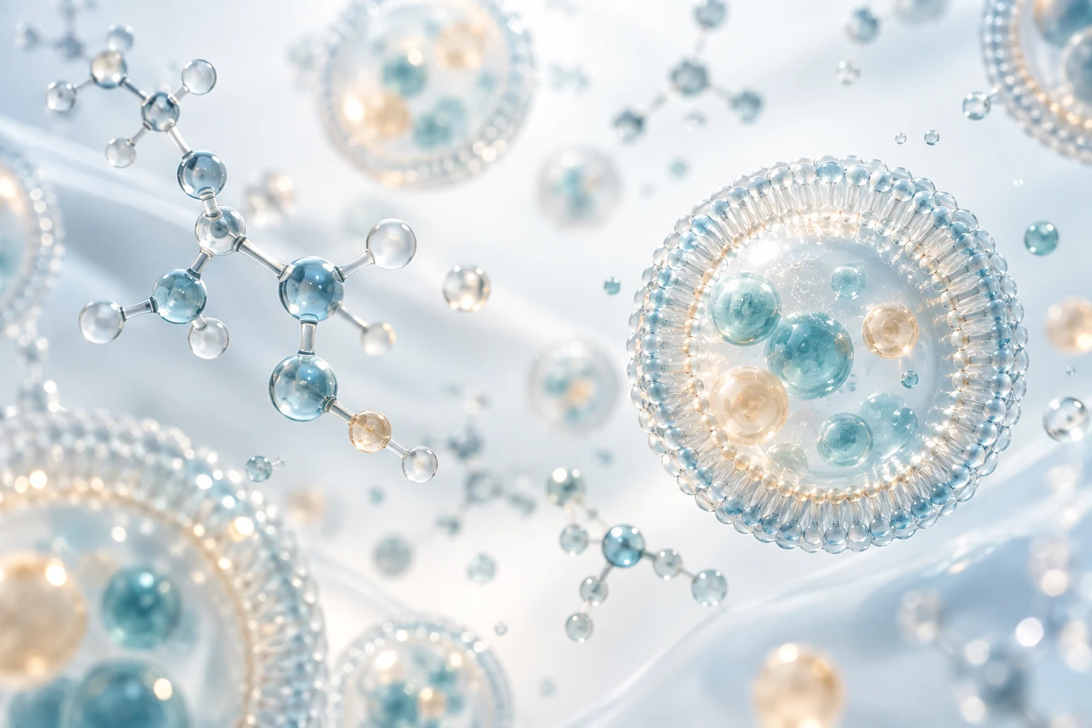 An artistic illustration of translucent molecular structures and lipid vesicles in a softly lit environment.