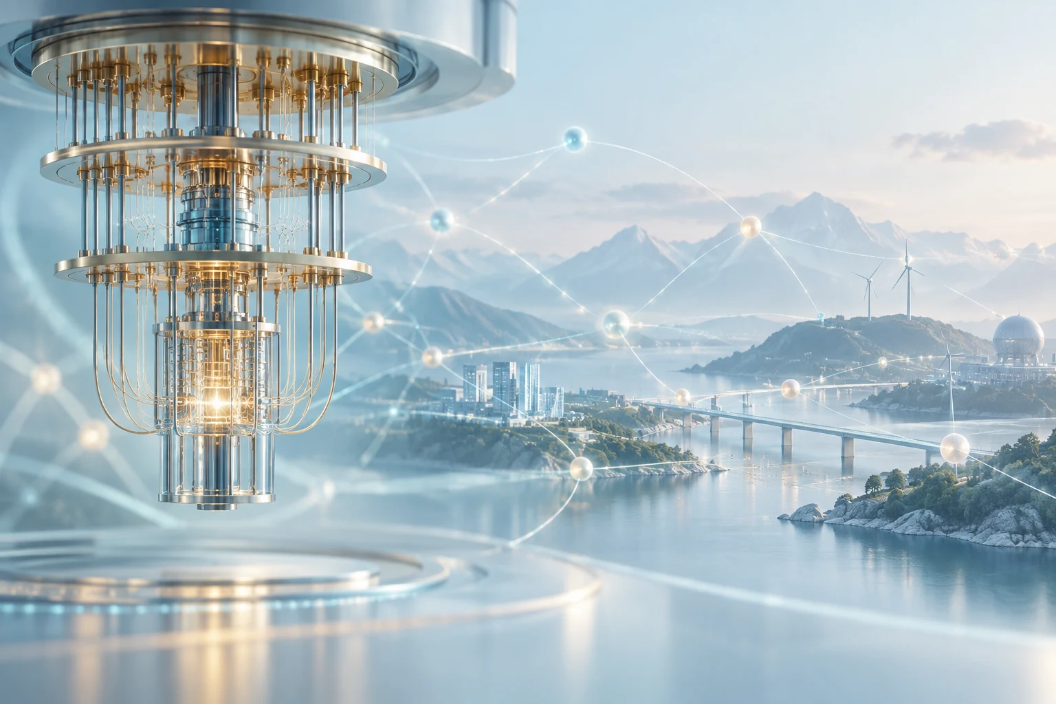 An artistic illustration of quantum computing hardware alongside an interconnected engineering landscape.